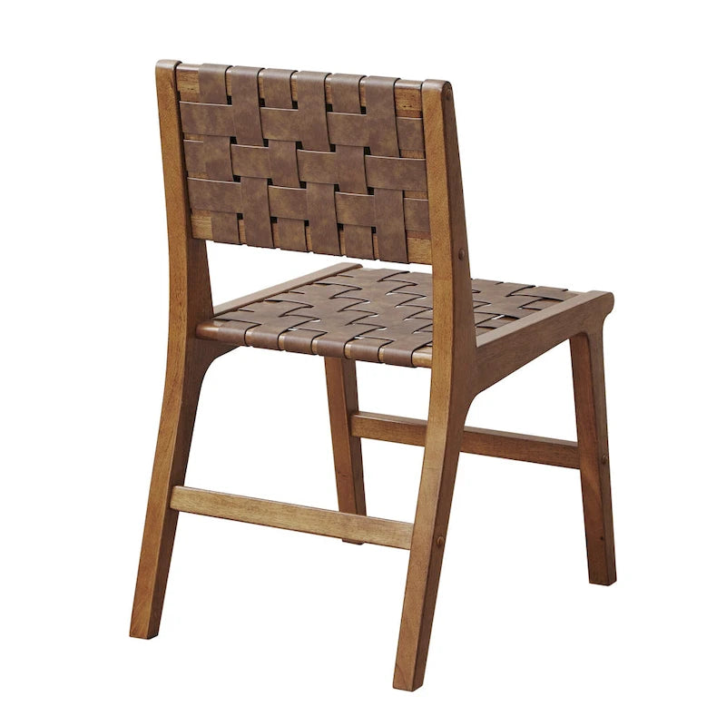 Woven Faux Leather Dining Chair Set of 2 | Mid-Century Modern | Pecan Wood Legs | 300 lb