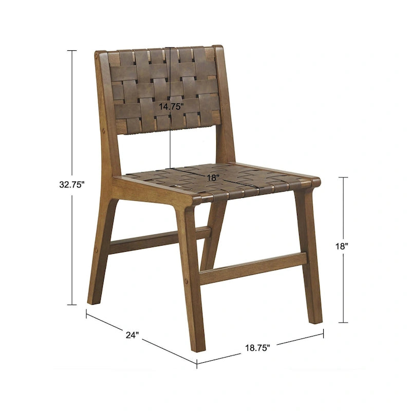 Woven Faux Leather Dining Chair Set of 2 | Mid-Century Modern | Pecan Wood Legs | 300 lb