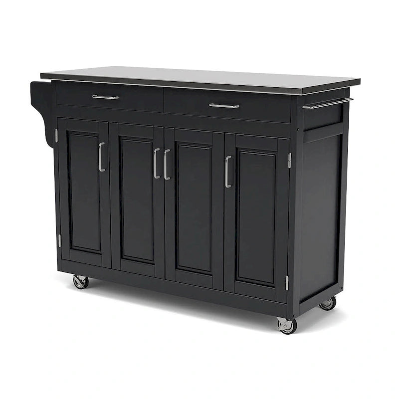 Mobile Kitchen Cart | Black | Stainless Steel Top | Cabinet Storage | Spice Rack | Towel Bars
