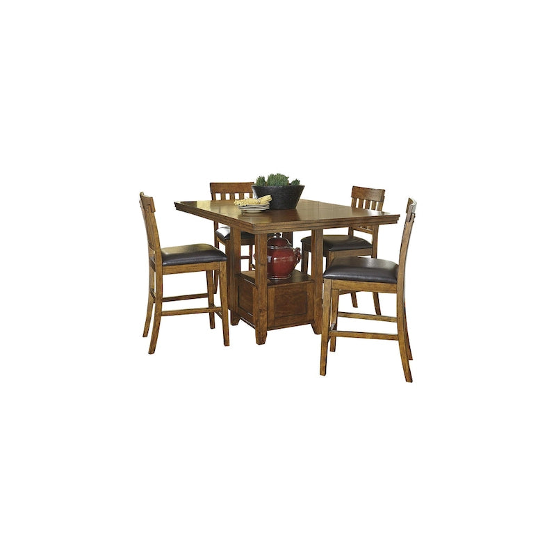5-Piece Counter Height Dining Set | Extendable Table | 4 Faux Leather Bar Stools | Rustic Brown