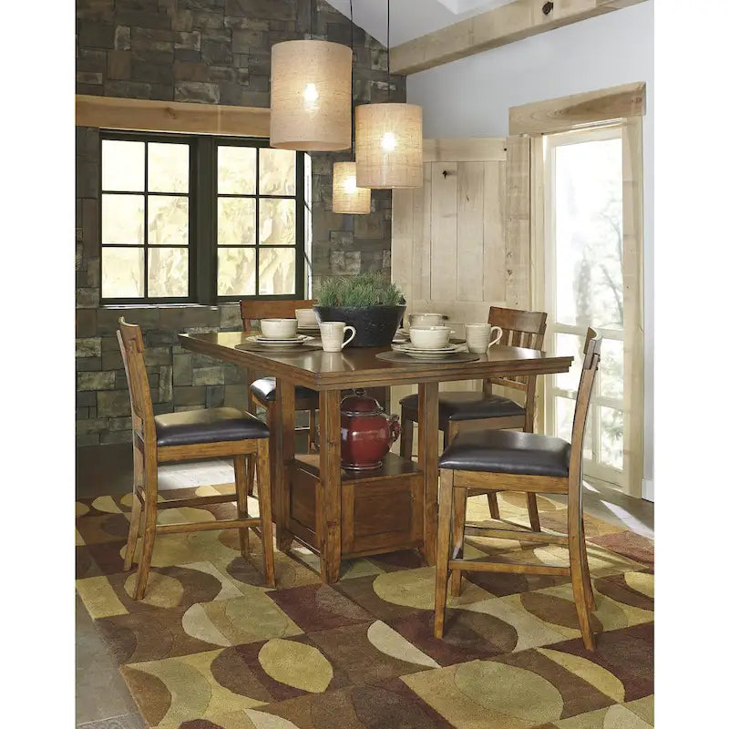 5-Piece Counter Height Dining Set | Extendable Table | 4 Faux Leather Bar Stools | Rustic Brown