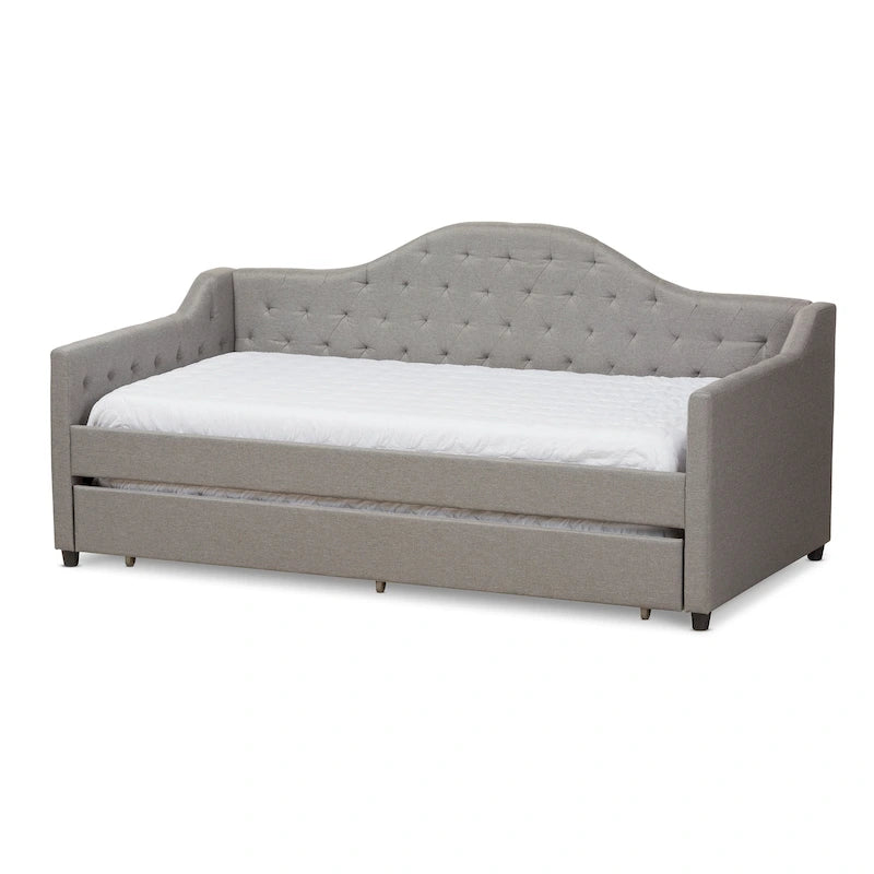 Contemporary Fabric Daybed with Roll-Out Trundle | Tufted | Light Beige/Grey | 82.68W x 31.3H