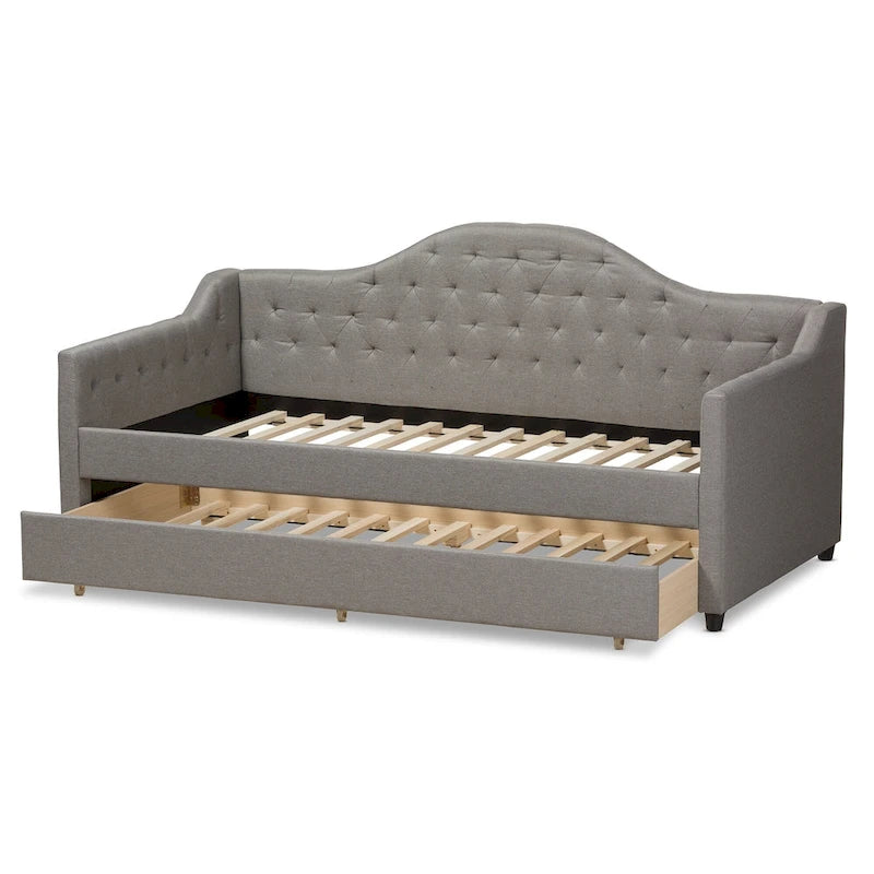 Contemporary Fabric Daybed with Roll-Out Trundle | Tufted | Light Beige/Grey | 82.68W x 31.3H