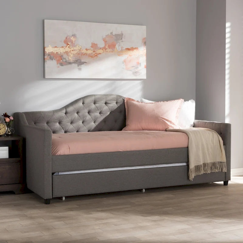 Contemporary Fabric Daybed with Roll-Out Trundle | Tufted | Light Beige/Grey | 82.68W x 31.3H