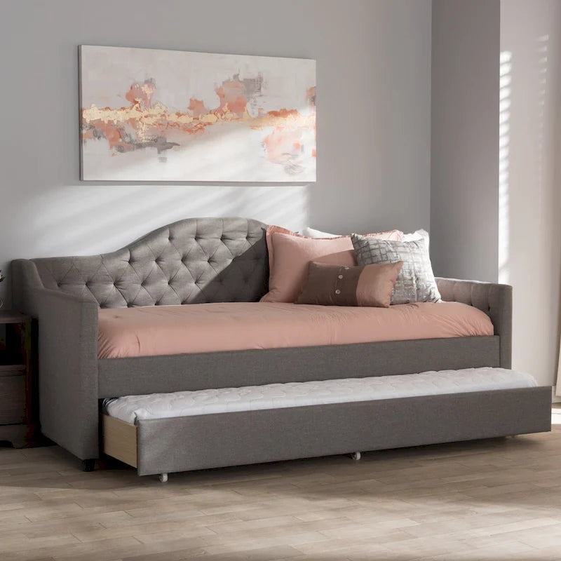 Contemporary Fabric Daybed with Roll-Out Trundle | Tufted | Light Beige/Grey | 82.68W x 31.3H