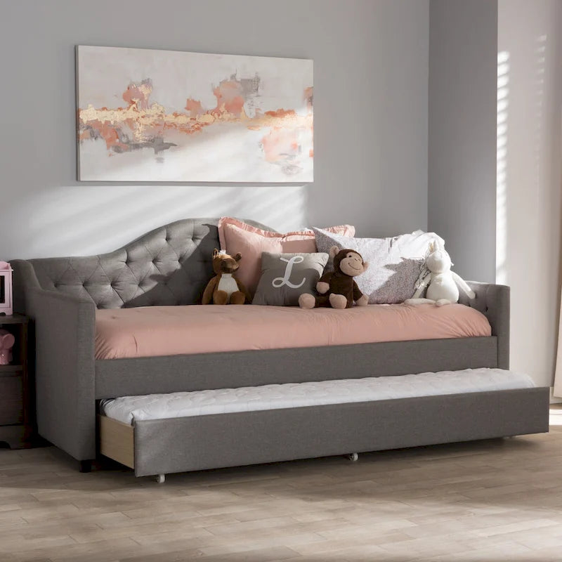 Contemporary Fabric Daybed with Roll-Out Trundle | Tufted | Light Beige/Grey | 82.68W x 31.3H