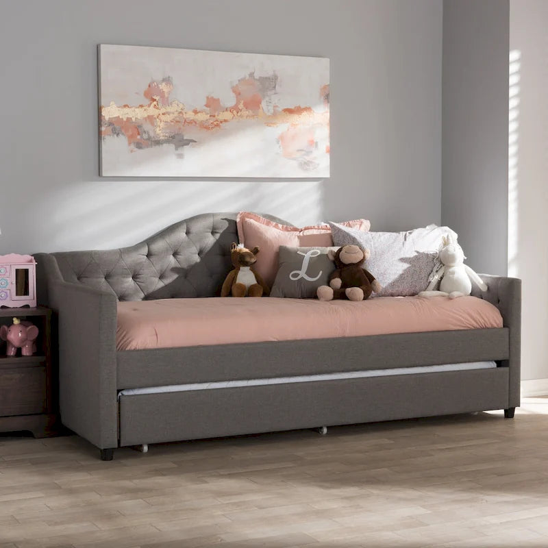 Contemporary Fabric Daybed with Roll-Out Trundle | Tufted | Light Beige/Grey | 82.68W x 31.3H