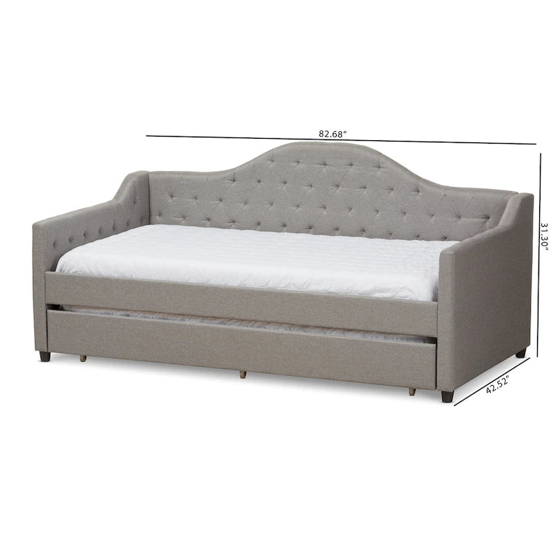 Contemporary Fabric Daybed with Roll-Out Trundle | Tufted | Light Beige/Grey | 82.68W x 31.3H