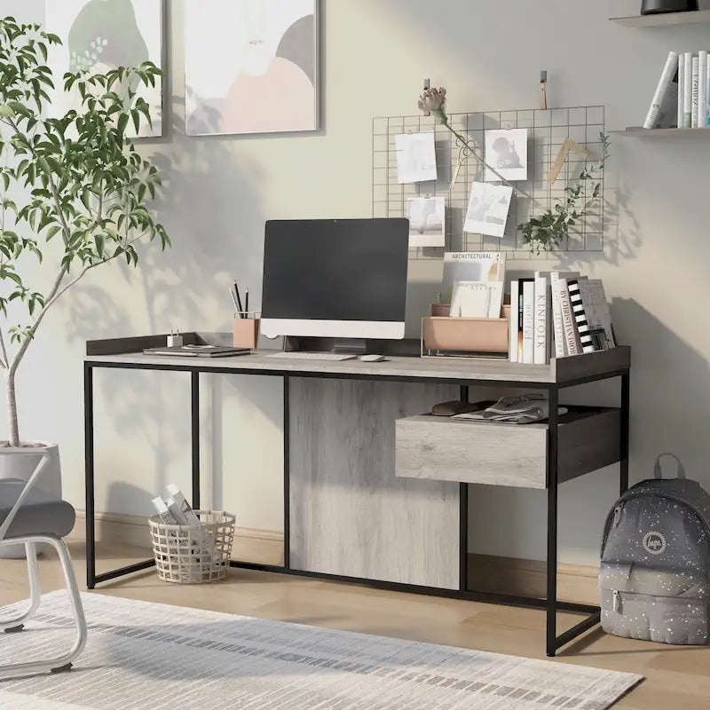63-Inch Industrial Computer Desk | Steel Frame | Built-In USB Ports | Home Office Workstation