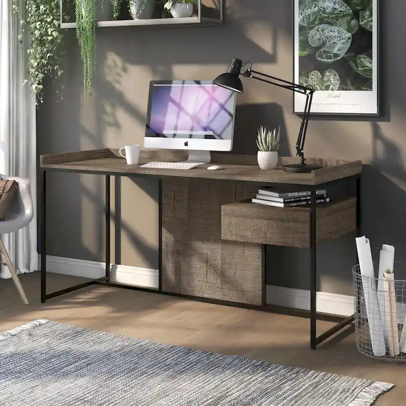 63-Inch Industrial Computer Desk | Steel Frame | Built-In USB Ports | Home Office Workstation