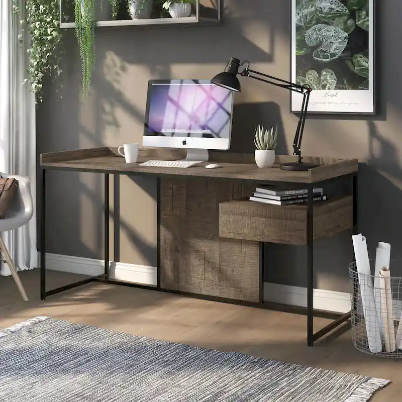 63-Inch Industrial Computer Desk | Steel Frame | Built-In USB Ports | Home Office Workstation