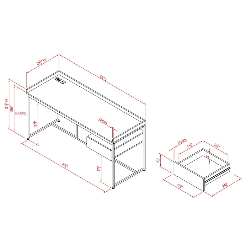 63-Inch Industrial Computer Desk | Steel Frame | Built-In USB Ports | Home Office Workstation
