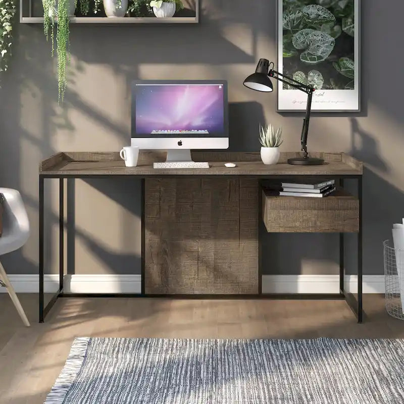 63-Inch Industrial Computer Desk | Steel Frame | Built-In USB Ports | Home Office Workstation