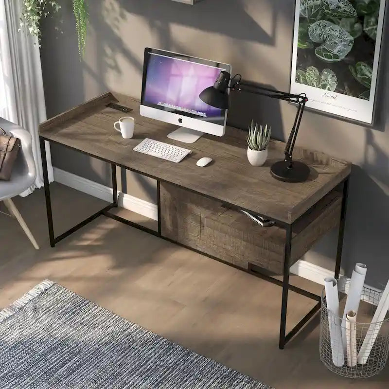 63-Inch Industrial Computer Desk | Steel Frame | Built-In USB Ports | Home Office Workstation