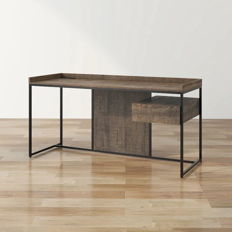 63-Inch Industrial Computer Desk | Steel Frame | Built-In USB Ports | Home Office Workstation
