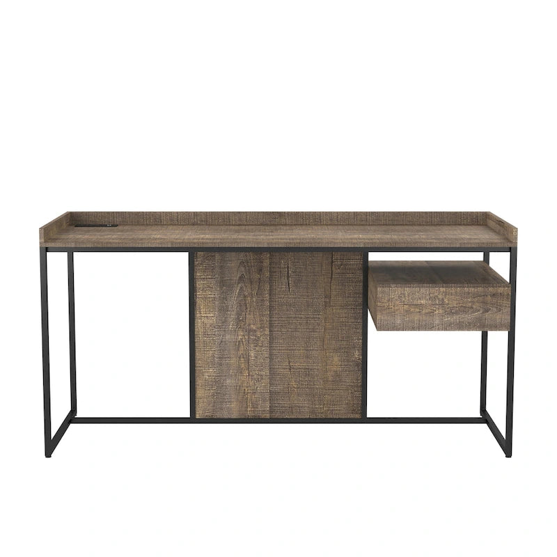63-Inch Industrial Computer Desk | Steel Frame | Built-In USB Ports | Home Office Workstation