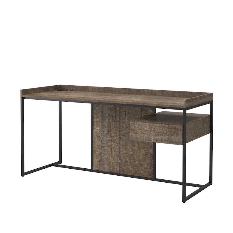 63-Inch Industrial Computer Desk | Steel Frame | Built-In USB Ports | Home Office Workstation