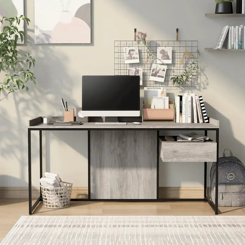 63-Inch Industrial Computer Desk | Steel Frame | Built-In USB Ports | Home Office Workstation