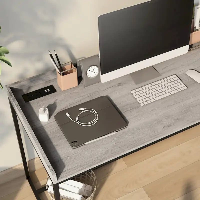 63-Inch Industrial Computer Desk | Steel Frame | Built-In USB Ports | Home Office Workstation