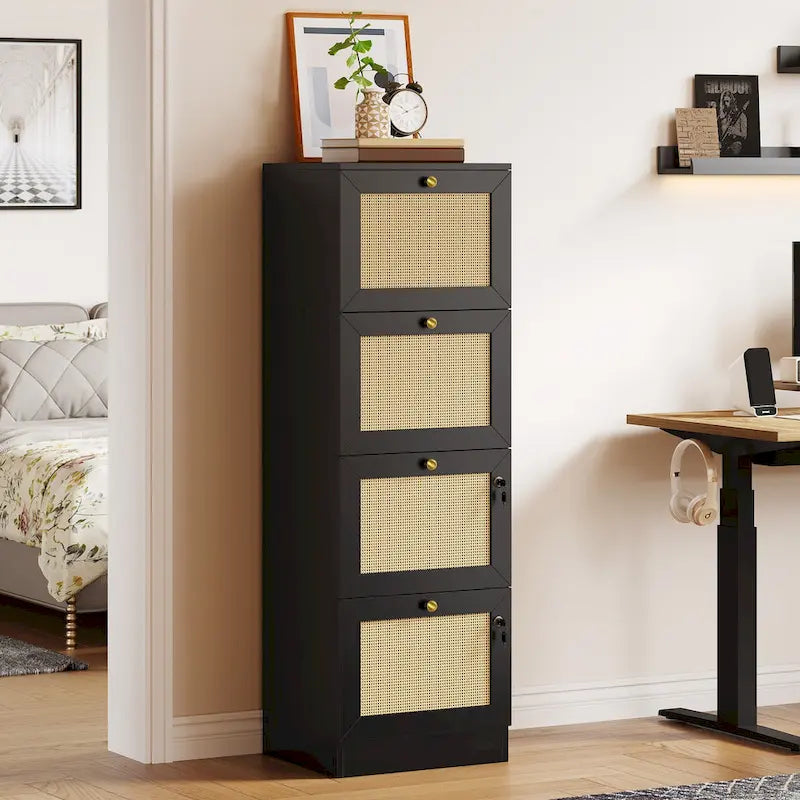 Moasis 15-inch Deep 4 Drawers Rattan Vertical File Cabinet with Lock