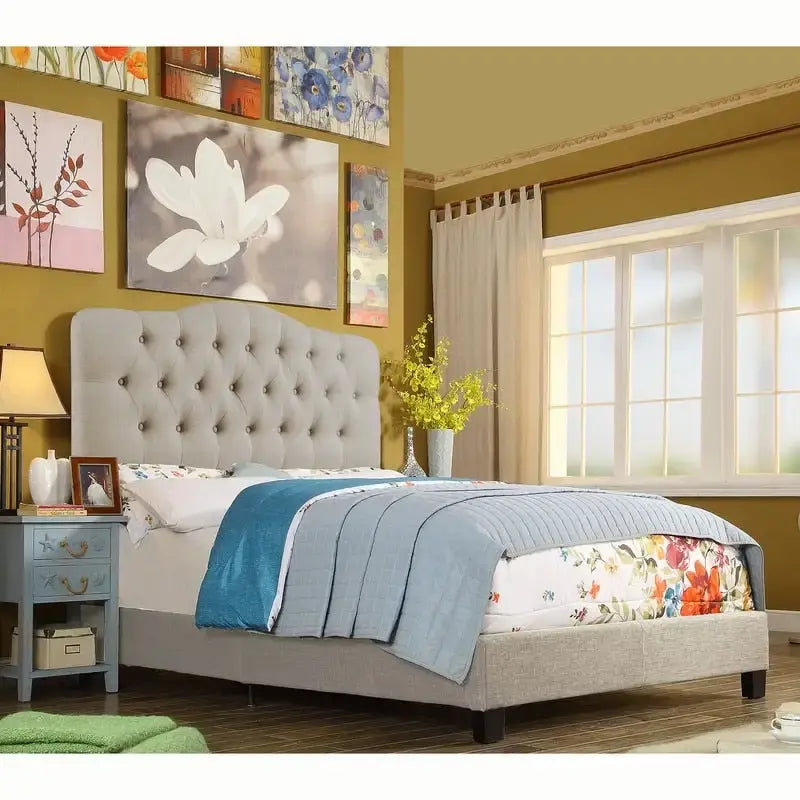 Curved Button-Tufted Platform Bed Frame | Linen Upholstery | Adjustable Headboard | Twin–King