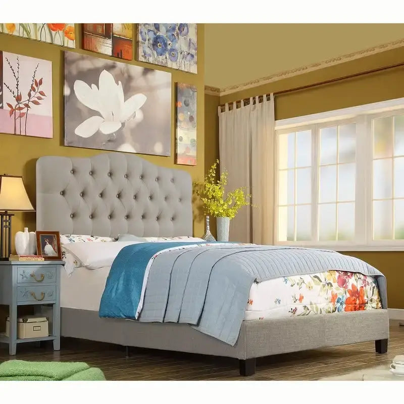 Curved Button-Tufted Platform Bed Frame | Linen Upholstery | Adjustable Headboard | Twin–King