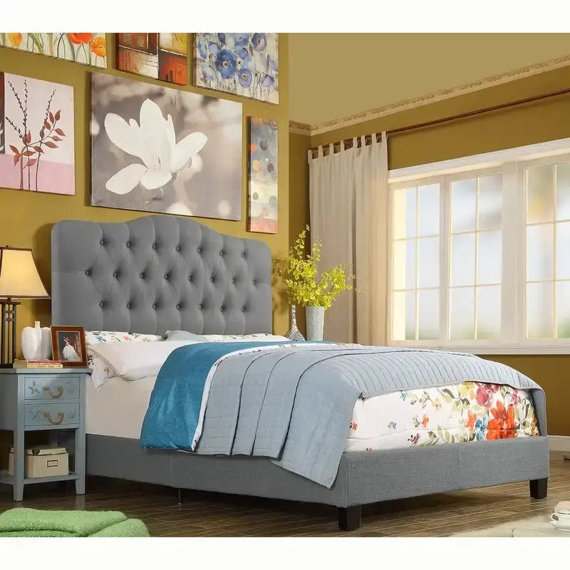 Curved Button-Tufted Platform Bed Frame | Linen Upholstery | Adjustable Headboard | Twin–King