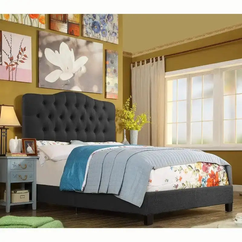 Curved Button-Tufted Platform Bed Frame | Linen Upholstery | Adjustable Headboard | Twin–King