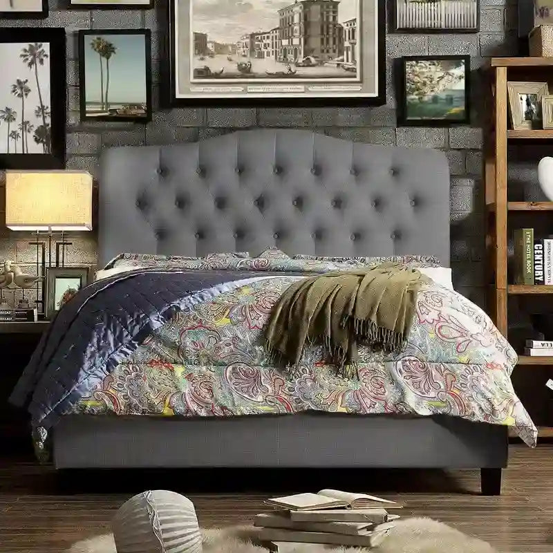 Curved Button-Tufted Platform Bed Frame | Linen Upholstery | Adjustable Headboard | Twin–King