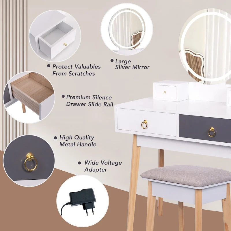 Modern Vanity with 4-Drawer Make-up Table Set with Mirror and Lights