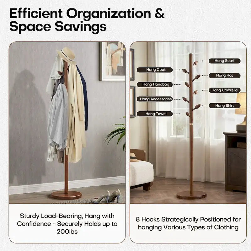 Rubberwood Freestanding Coat Rack, Coat Tree with 8 Bud-shaped Hooks - 15.75Dia. x 72.44H