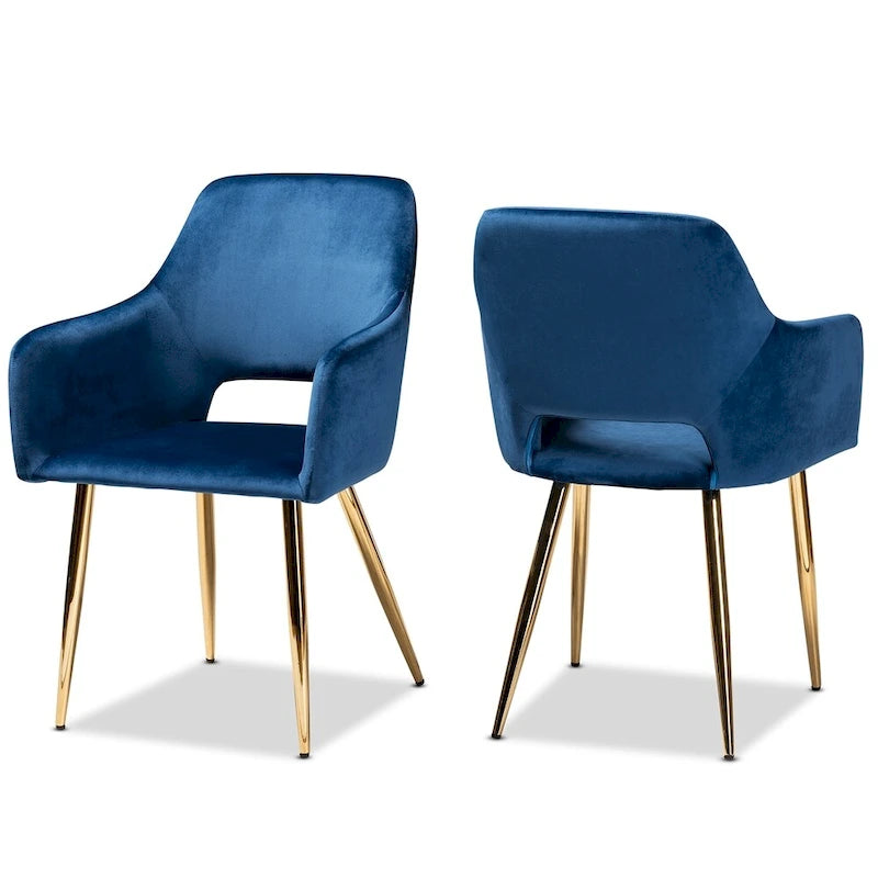 Glam Dining Chair Set of 2 | Navy Blue Velvet | Gold-Tone Metal Legs | Cut-Out Back | 34.25H
