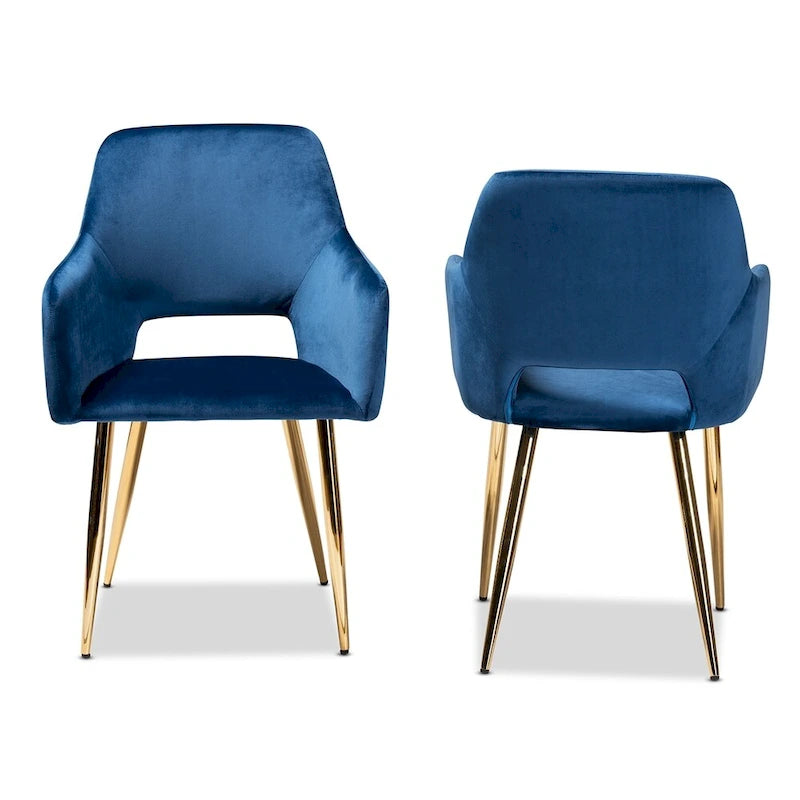 Glam Dining Chair Set of 2 | Navy Blue Velvet | Gold-Tone Metal Legs | Cut-Out Back | 34.25H