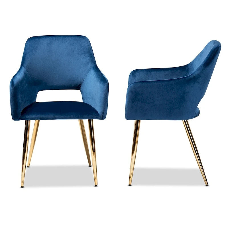 Glam Dining Chair Set of 2 | Navy Blue Velvet | Gold-Tone Metal Legs | Cut-Out Back | 34.25H