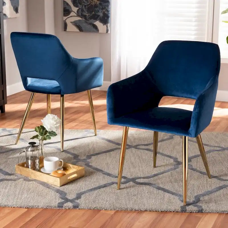Glam Dining Chair Set of 2 | Navy Blue Velvet | Gold-Tone Metal Legs | Cut-Out Back | 34.25H