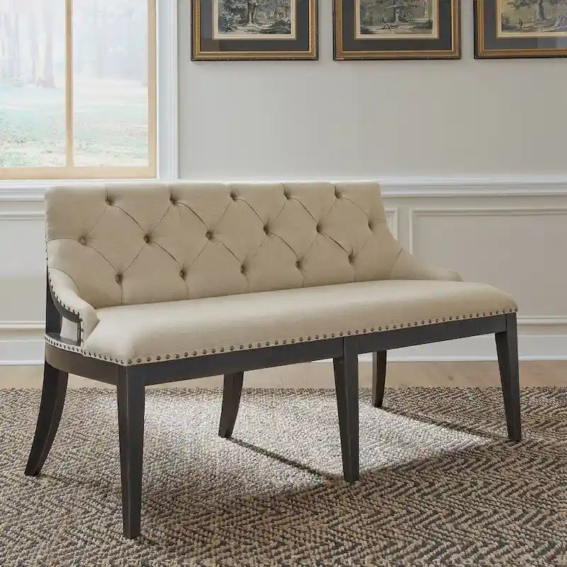 Americana Farmhouse Black Upholstered Shelter Dining Bench