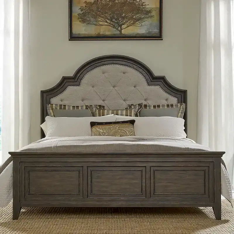 Upholstered Bed Dresser & Mirror Set | Saddle Brown | Button Tufted | Rubberwood | Queen & King