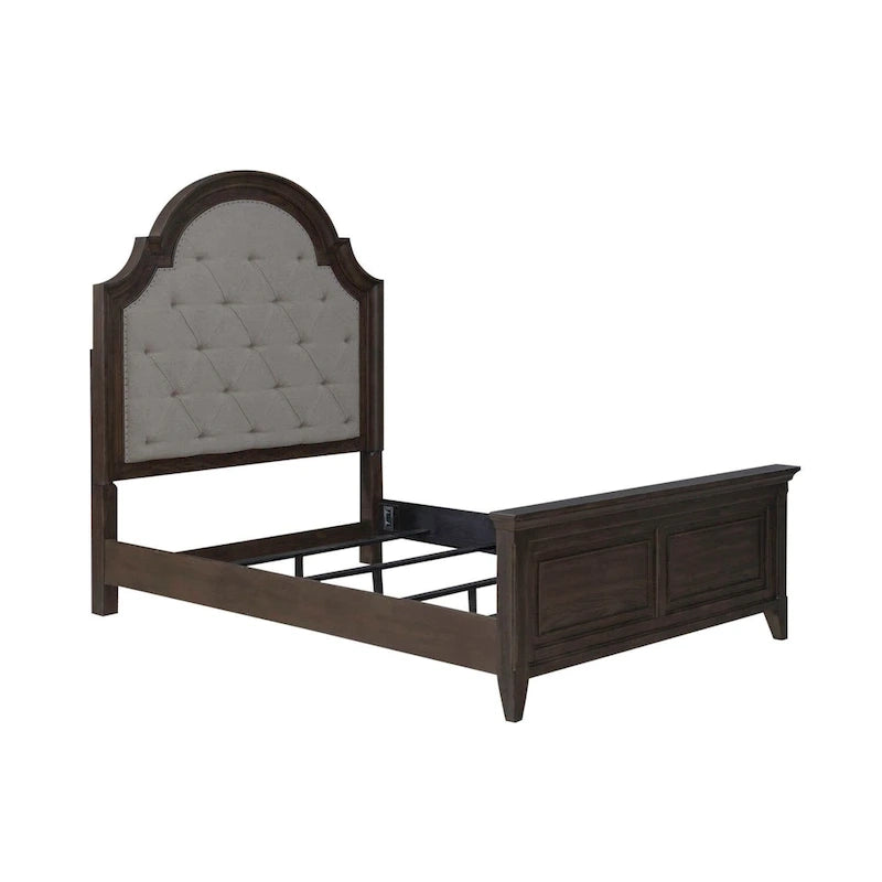 Upholstered Bed Dresser & Mirror Set | Saddle Brown | Button Tufted | Rubberwood | Queen & King