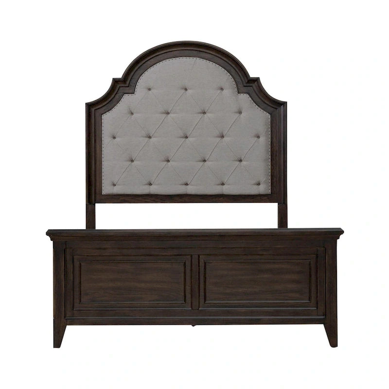 Upholstered Bed Dresser & Mirror Set | Saddle Brown | Button Tufted | Rubberwood | Queen & King