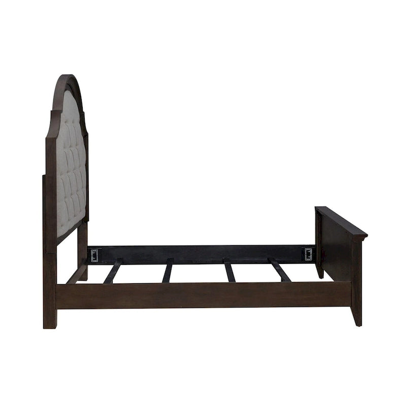 Upholstered Bed Dresser & Mirror Set | Saddle Brown | Button Tufted | Rubberwood | Queen & King