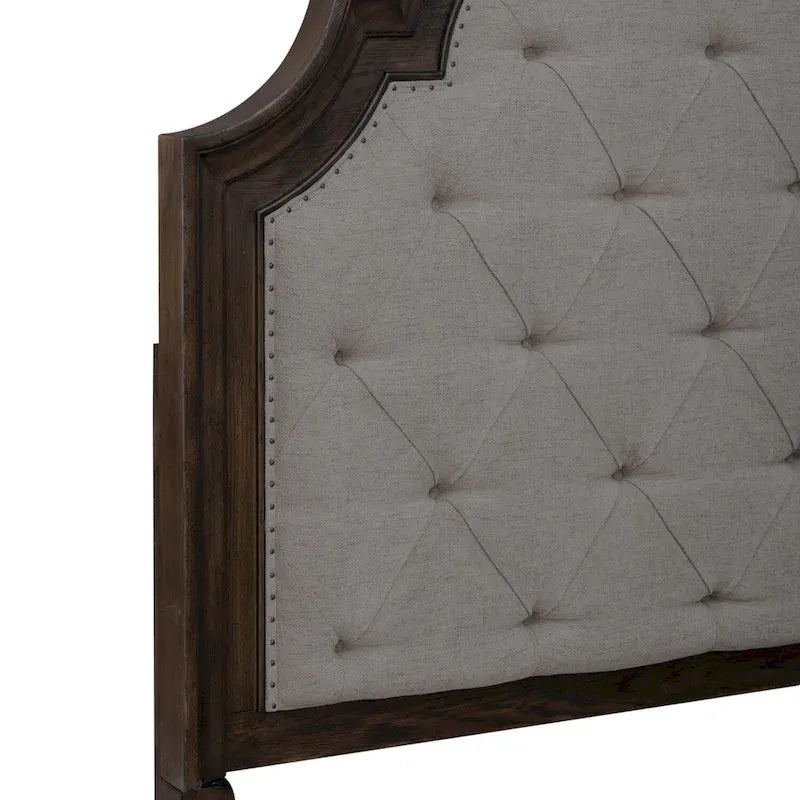 Upholstered Bed Dresser & Mirror Set | Saddle Brown | Button Tufted | Rubberwood | Queen & King
