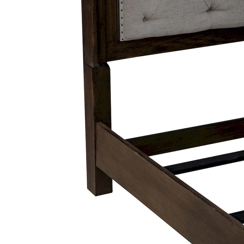Upholstered Bed Dresser & Mirror Set | Saddle Brown | Button Tufted | Rubberwood | Queen & King
