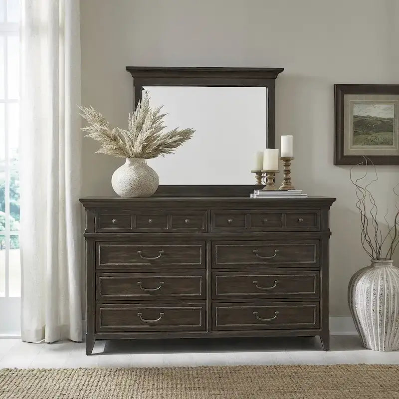 Upholstered Bed Dresser & Mirror Set | Saddle Brown | Button Tufted | Rubberwood | Queen & King