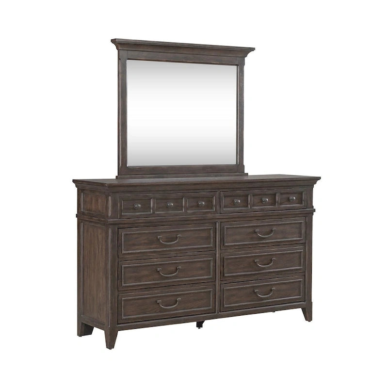 Upholstered Bed Dresser & Mirror Set | Saddle Brown | Button Tufted | Rubberwood | Queen & King