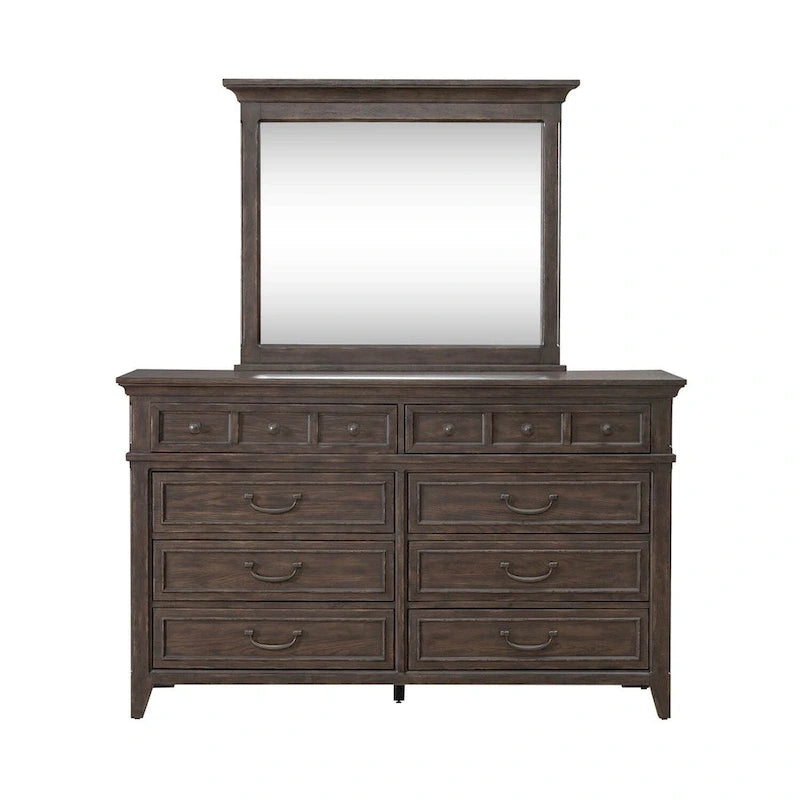 Upholstered Bed Dresser & Mirror Set | Saddle Brown | Button Tufted | Rubberwood | Queen & King
