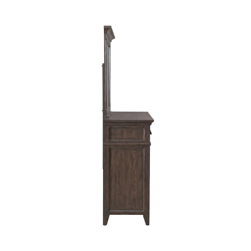 Upholstered Bed Dresser & Mirror Set | Saddle Brown | Button Tufted | Rubberwood | Queen & King
