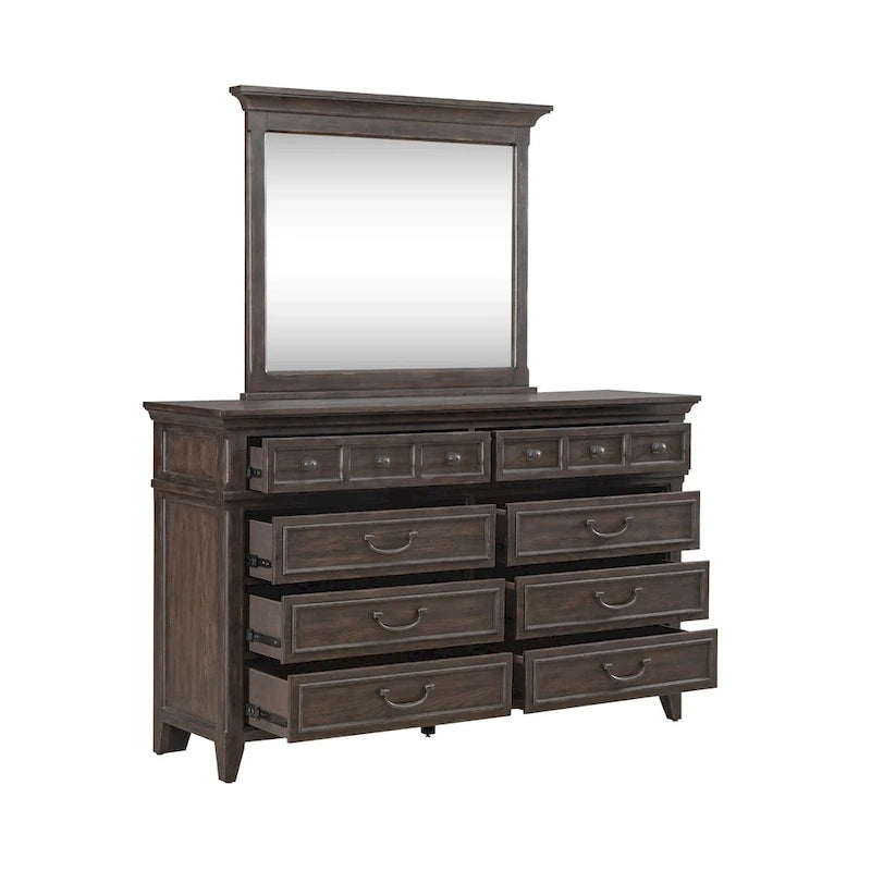 Upholstered Bed Dresser & Mirror Set | Saddle Brown | Button Tufted | Rubberwood | Queen & King