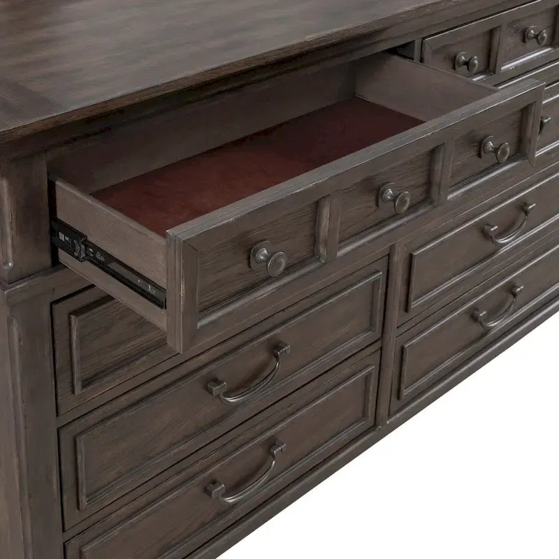 Upholstered Bed Dresser & Mirror Set | Saddle Brown | Button Tufted | Rubberwood | Queen & King