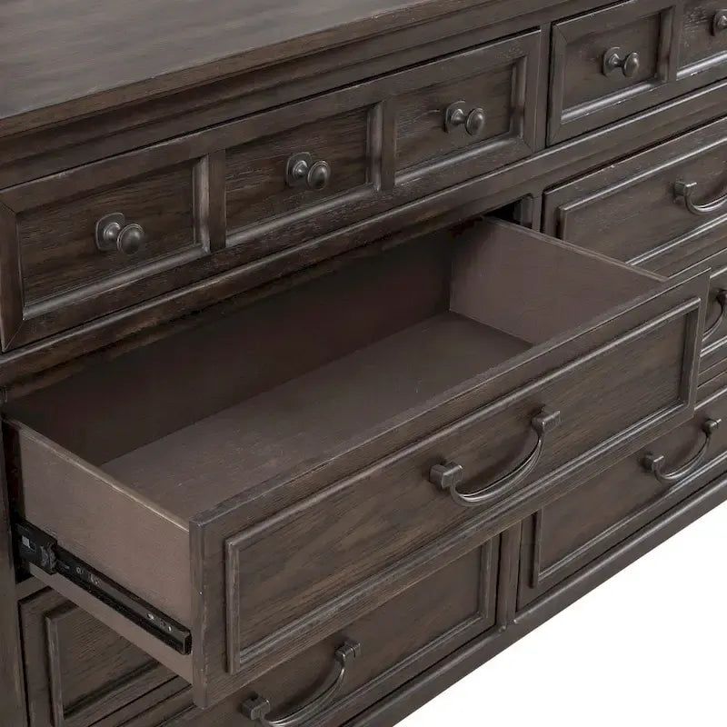 Upholstered Bed Dresser & Mirror Set | Saddle Brown | Button Tufted | Rubberwood | Queen & King