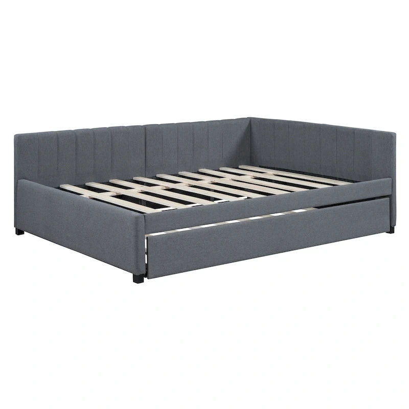 Full Size Upholstered Daybed with Trundle Sofa Bed Frame No Box Spring Needed